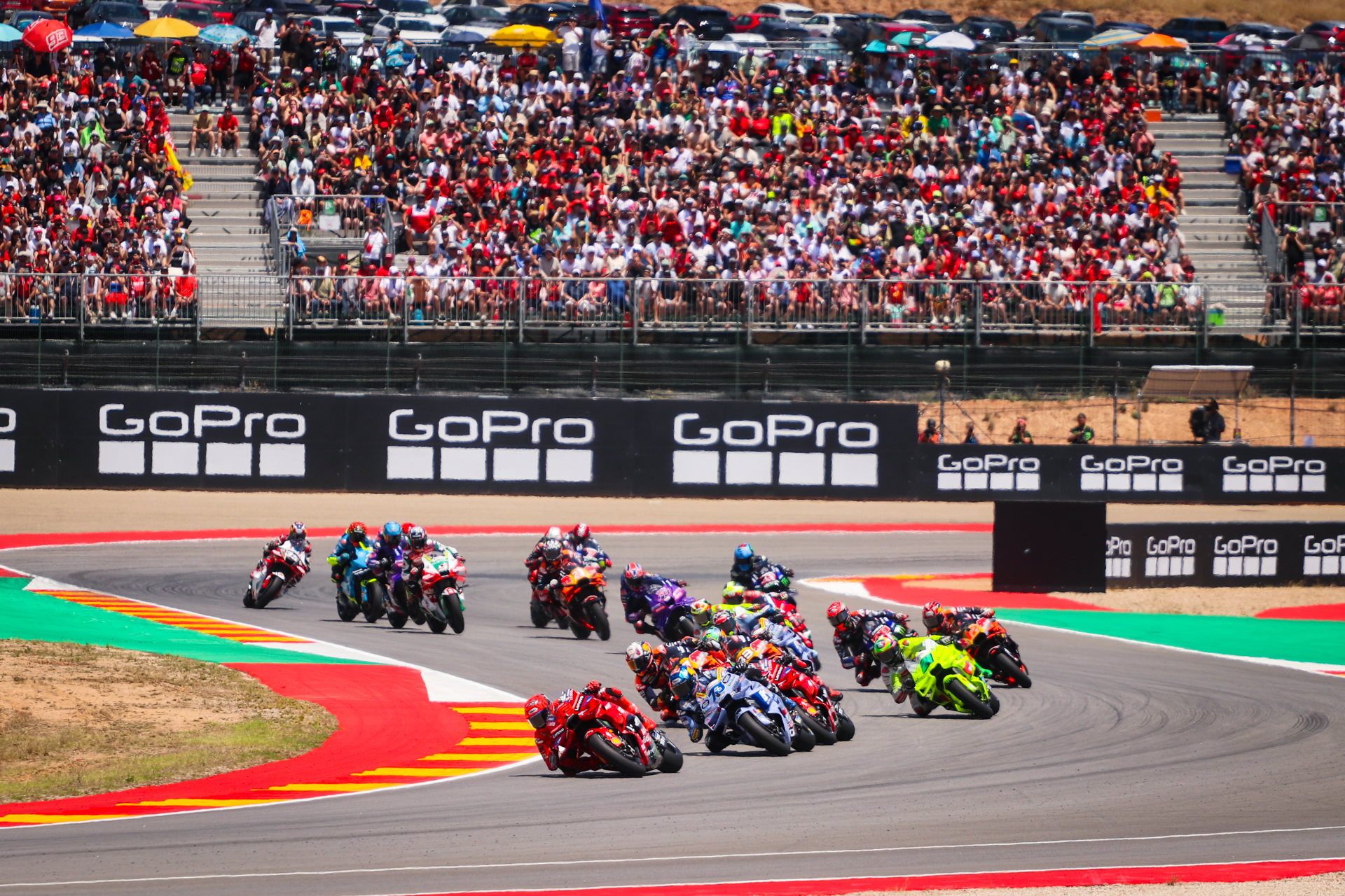 MotoGP riders on track at MotorLand Aragon during race weekend